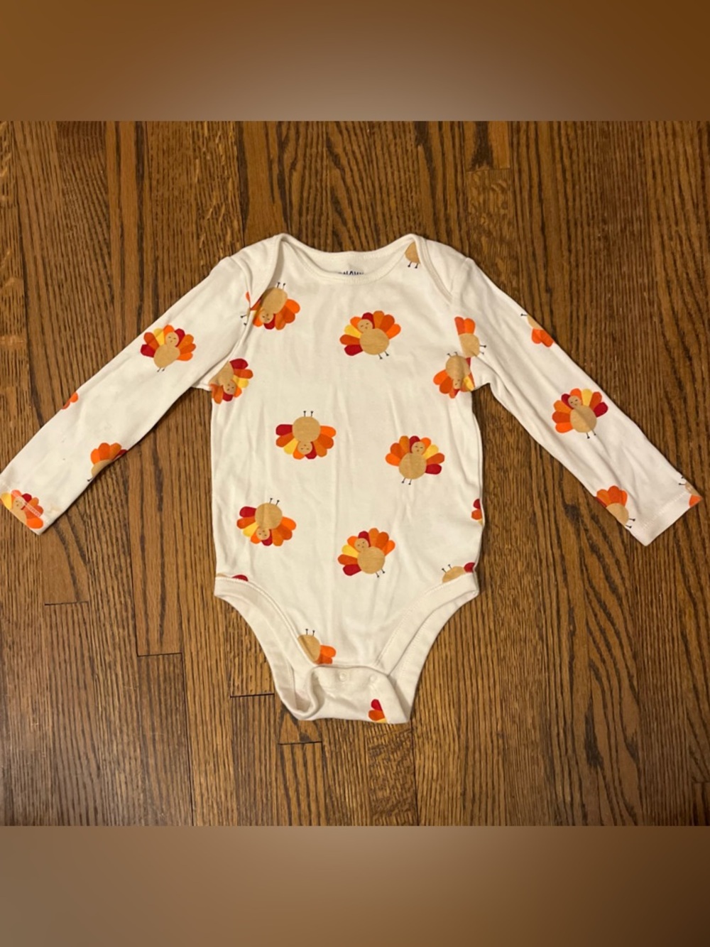 Old Navy Thanksgiving Onesie with Orange, Red & Tan Turkey Prints